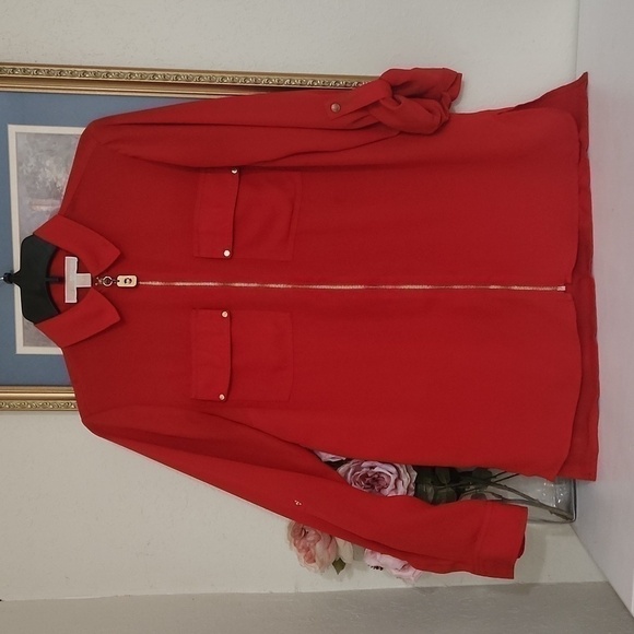 Michael Kors Red Blouse Tunic Zipper Front Career Work Dressy Elegant Party - Picture 1 of 9